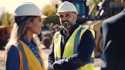 Obraz premium The chief engineer of a male construction worker wearing a uniform and helmet stands and talks about handing over work to a female worker.