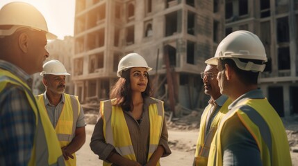 The chief engineer of a male construction worker wearing a uniform and helmet stands and talks about handing over work to a female worker.
