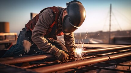 Welder with experience welding metal parts on roof structures on construction sites. - obrazy, fototapety, plakaty