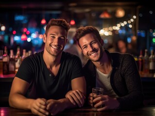 Portrait of gay couple sit at bar counter and smiling at camera