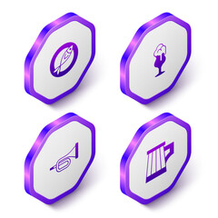 Set Isometric Dried fish, Glass of beer, Trumpet and Wooden mug icon. Purple hexagon button. Vector