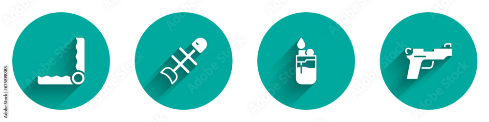 Sticker Set Trap hunting, Dead fish, Lighter and Pistol or gun icon with long shadow. Vector