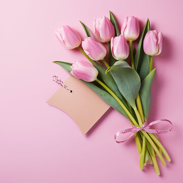 Mother's Day concept. Top view photo of bouquet of pink tulips tied with silk ribbon and envelope with postcard on isolated pastel pink background with copyspace
