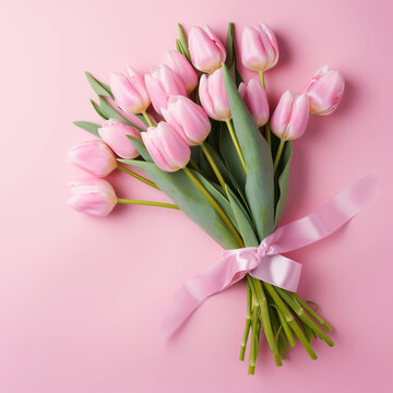 Bouquet of flowers. Pink tulips on blurred background with copy space for greeting message. Valentine's Day and Mother's Day background. Holiday mock up with tulip flowers. Soft focus.