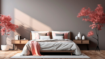 Minimalist style bedroom in gray color, 3d realistic rendering. Modern interior design.