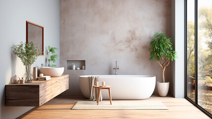 Interior of a modern bathroom with panoramic windows and a round bathtub in the middle.