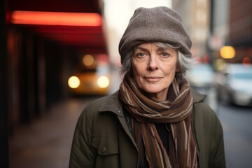 Portrait of a senior woman in a hat and scarf in the city