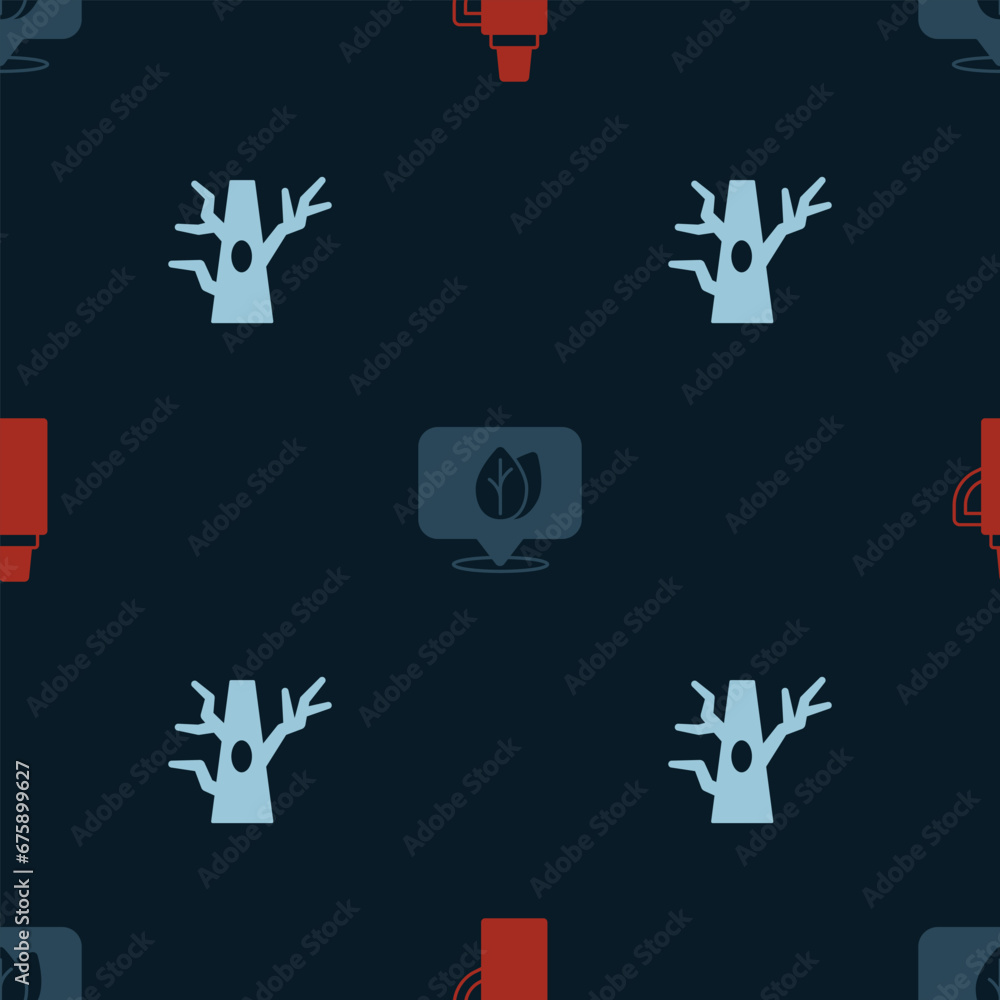 Poster Set Thermos container, Location with leaf and Bare tree on seamless pattern. Vector