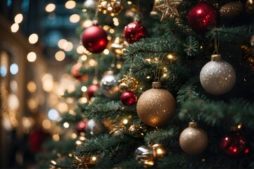 Fototapeta na wymiar Christmas tree decorations and baubles, Generative AI image.