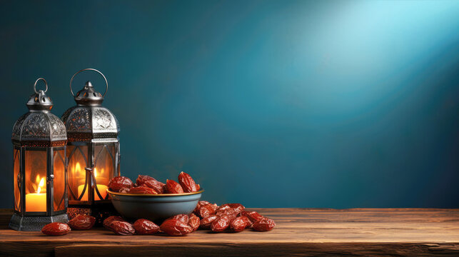 Banner with Ramadan lantern and bowl of dates on blue background