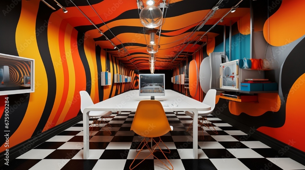 Poster a modern workspace with optical illusion art that appears to change form and color as one moves.