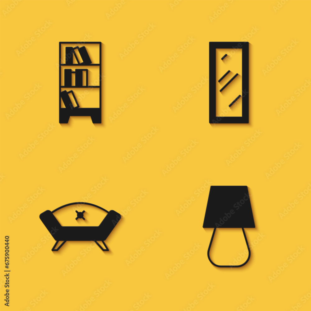 Poster set library bookshelf, table lamp, sofa and big full length mirror icon with long shadow. vector