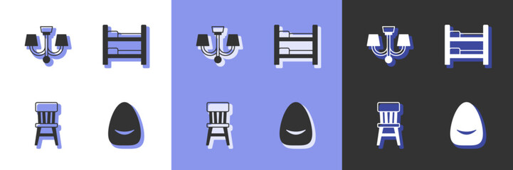 Set Pouf, Chandelier, Chair and Bunk bed icon. Vector