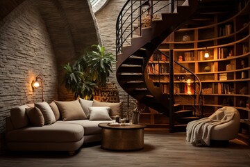 A  cozy reading nook under a spiral staircase
