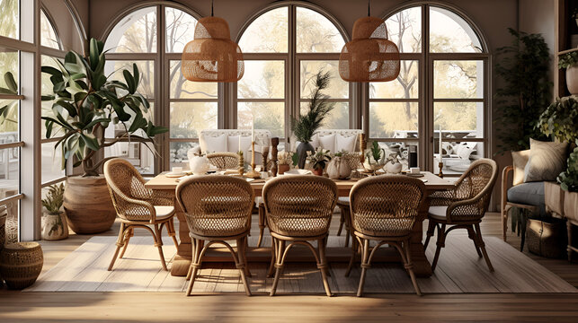 Chic Dining Space with Macram&eacute; Accents - Mix-and-Match Chairs and Earthy Tones for Relaxed and Artsy Gathering Area