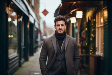 Portrait of a handsome young man with a beard in a coat on a city street