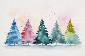 Pretty watercolour multicoloured vibrant illustration of christmas fir trees, great for social media, websites, cards,.