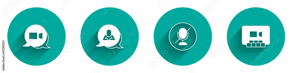 Sticker Set Video chat conference, Speech bubble, Mute microphone and icon with long shadow. Vector