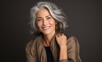 Elegant and Confident Middle-Aged Lady with Gray Mane, Brown Blouse, and a Luxurious Appearance – Studio Shot