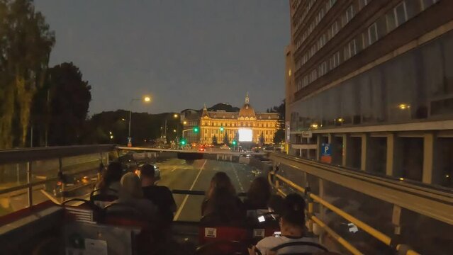 Night tour of Brasov city in double-decker city-bus, Romania travelling