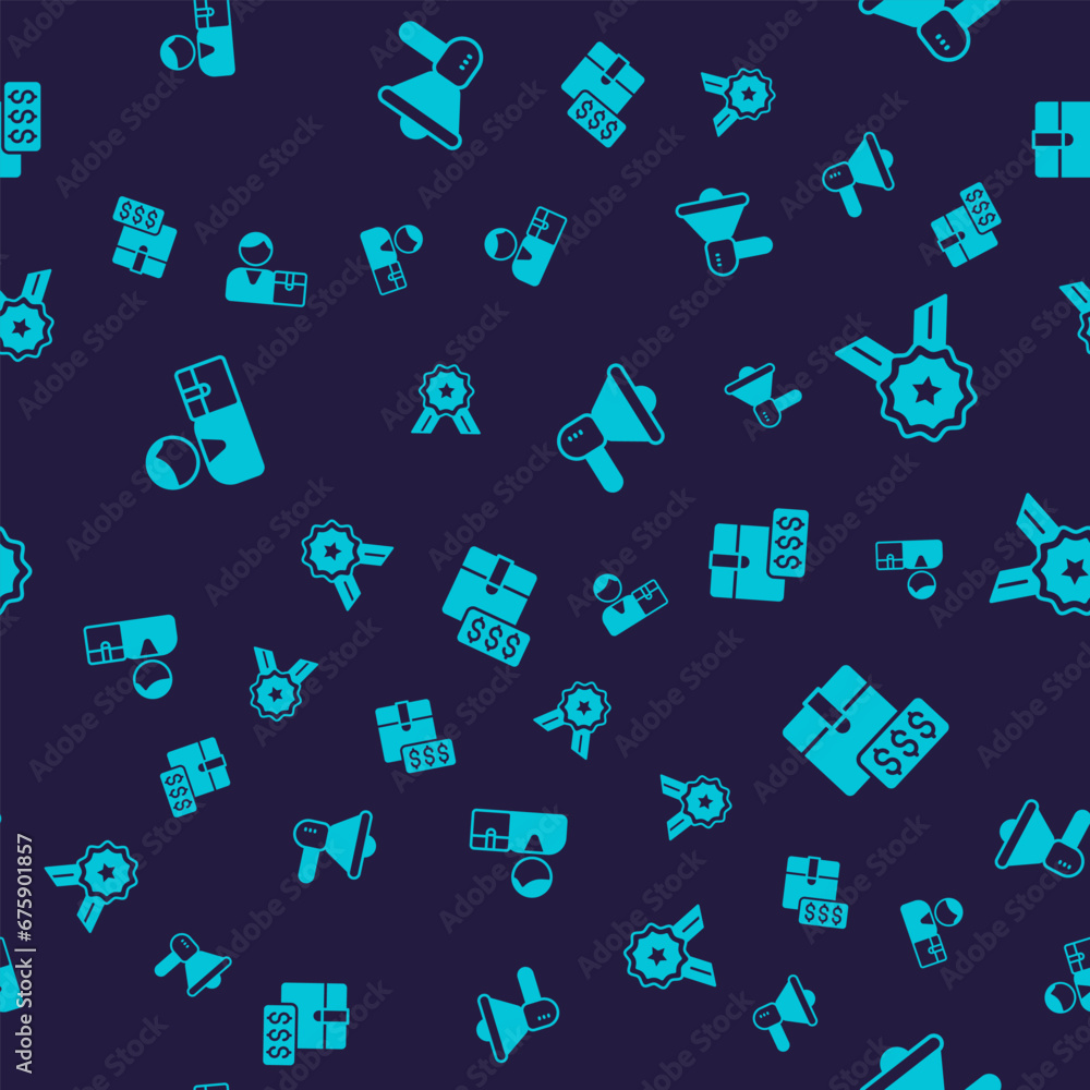 Poster Set Buyer, Stars rating, Megaphone and Item price tag with dollar on seamless pattern. Vector