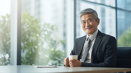 Fototapeta premium A old senior CEO is sitting in a coffee shop with coffee in a warm atmosphere in a business office area.