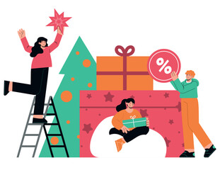 People prepare to celebrate Christmas with gifts. Flat vector illustration of winter holidays