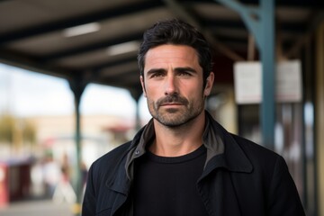Portrait of handsome Hispanic man with beard and mustache in urban background