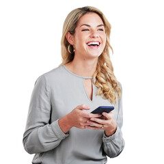 Happy woman, laughing and phone for funny joke isolated on a transparent PNG background. Female person or model smile and laugh with mobile smartphone for fun online discussion, meme or social media - obrazy, fototapety, plakaty