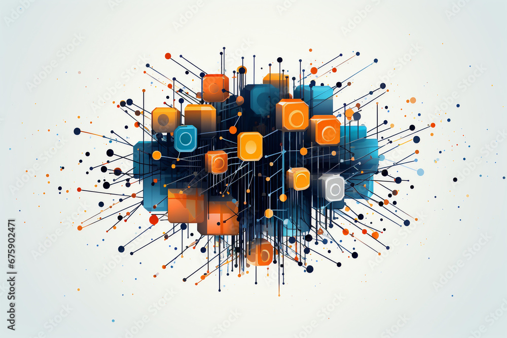 Poster abstract cube network with vibrant colors and connection lines on white