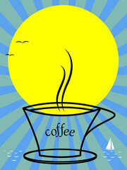 Cup of aroma coffee outline style on a sunny morning vector design poster