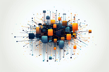 3D network of cubes and connections in blue and orange on white background