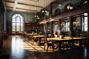 Design a library interior with a focus on historical preservation and restoration