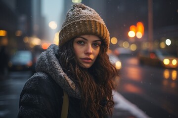 Beautiful young woman with winter clothes in the city at night.