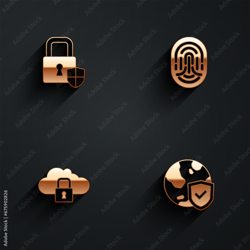 Poster set shield security with lock, fingerprint, cloud computing and world globe icon with long shadow. v