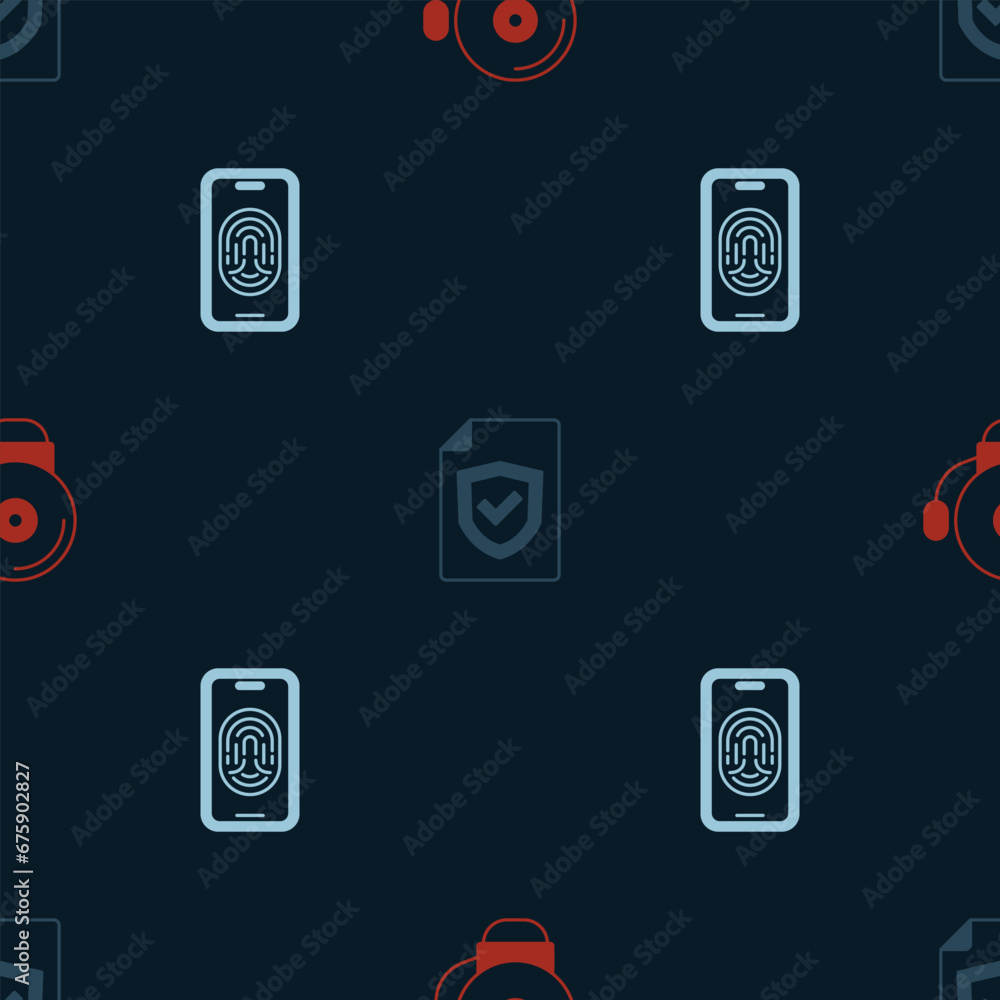 Poster set ringing alarm bell, contract with shield and mobile fingerprint scanner on seamless pattern. vec
