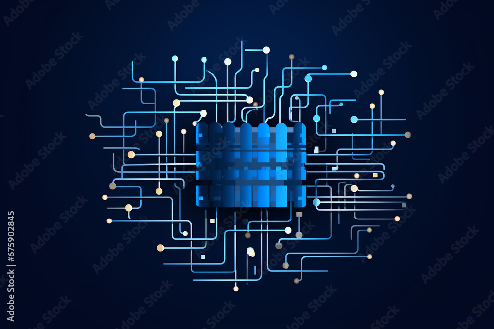 Poster simplified central cpu design with circuitry on dark blue background