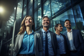 Obraz premium In the office, the business team exudes confidence and professionalism, arms casually crossed, reflecting a harmonious and relaxed work environment. Generative AI.