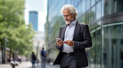 Office handsome old senior man ceo officer Or executives are standing and walking on the street using their phones to make transactions, for example. fintech in a business district with tall buildings