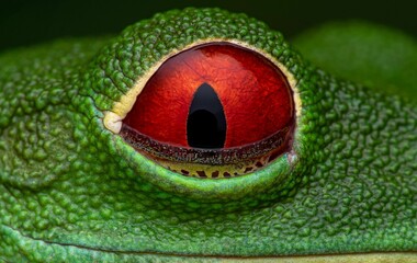 Green frog with a vibrant red eye stares directly