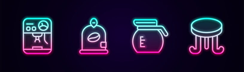 Set line Coffee machine, Bag coffee beans, pot and table. Glowing neon icon. Vector