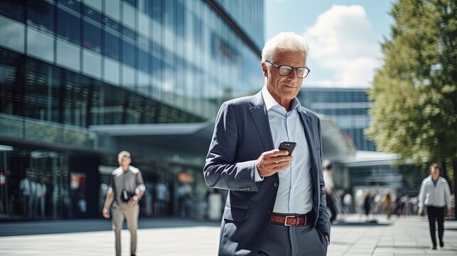 Office handsome old senior man ceo officer Or executives are standing and walking on the street using their phones to make transactions, for example. fintech in a business district with tall buildings