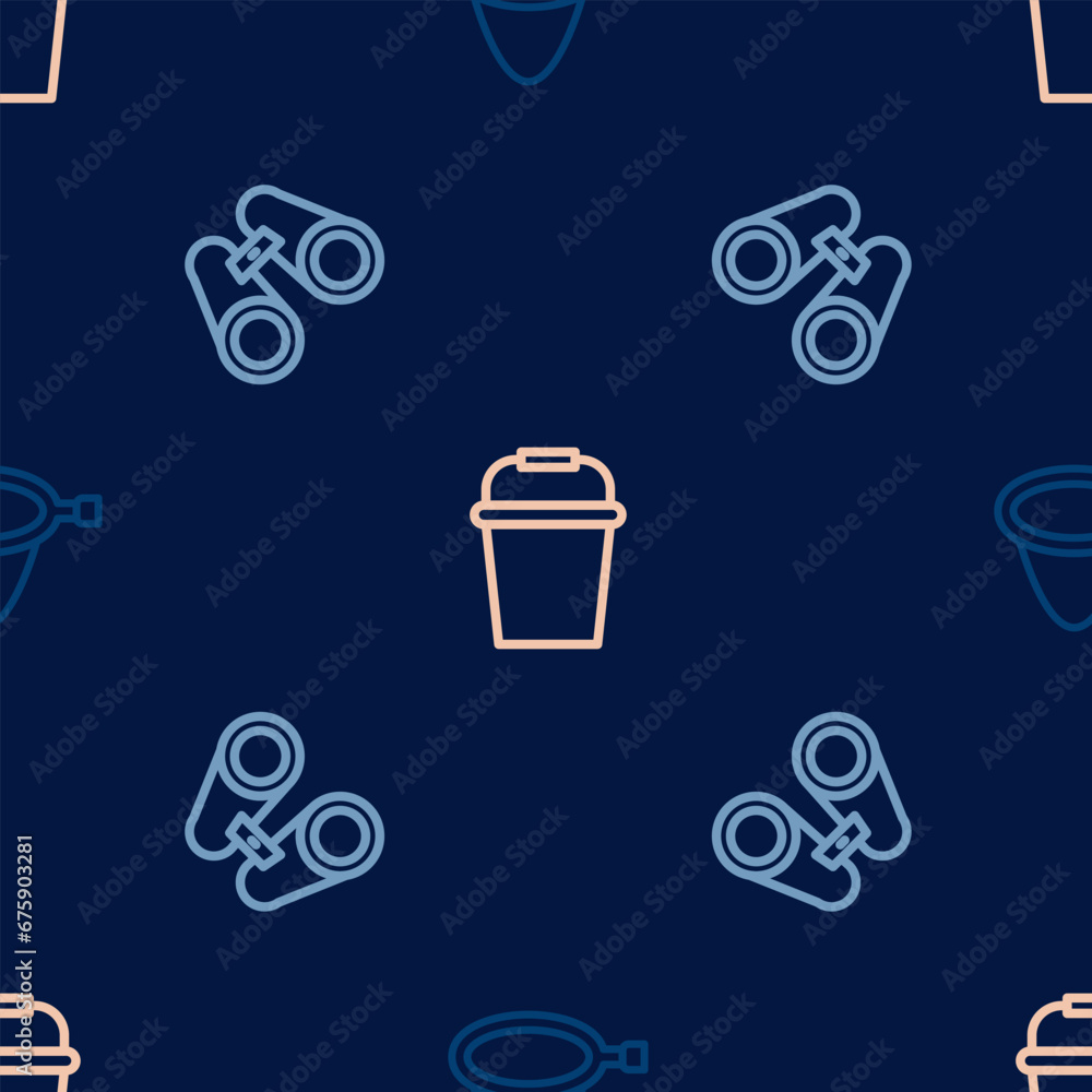 Poster set line fishing net, binoculars and bucket on seamless pattern. vector