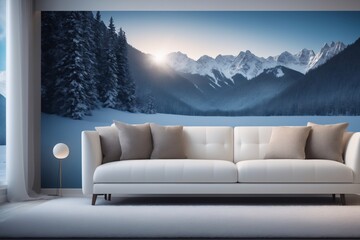 Einrichtungsidee veranschaulicht die Wirkung von Fototapeten. Ein modernes weißes Sofa steht vor einer Tapete, auf der eine verschneite Landschaft abgebildet ist.