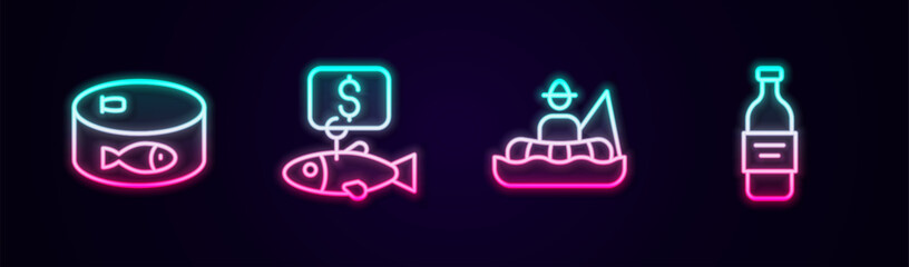 Set line Canned fish, Price tag for, Fisherman in boat and Bottle of vodka. Glowing neon icon. Vector