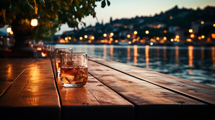 Empty wooden tabletop with a glass of alcoholic drink, against the backdrop of blurry evening lights of a lakeside town. Copy space. - obrazy, fototapety, plakaty