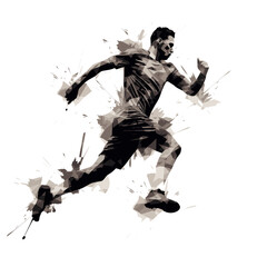 Silhouette of man playing soccer, running, kicking the soccer ball
