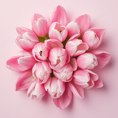  Bouquet of pink tulips in vase on pink background 