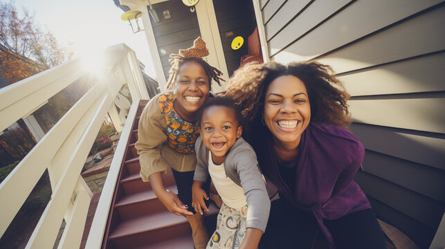 Joyful African American Lesbian Couple with Child on Home Stairs