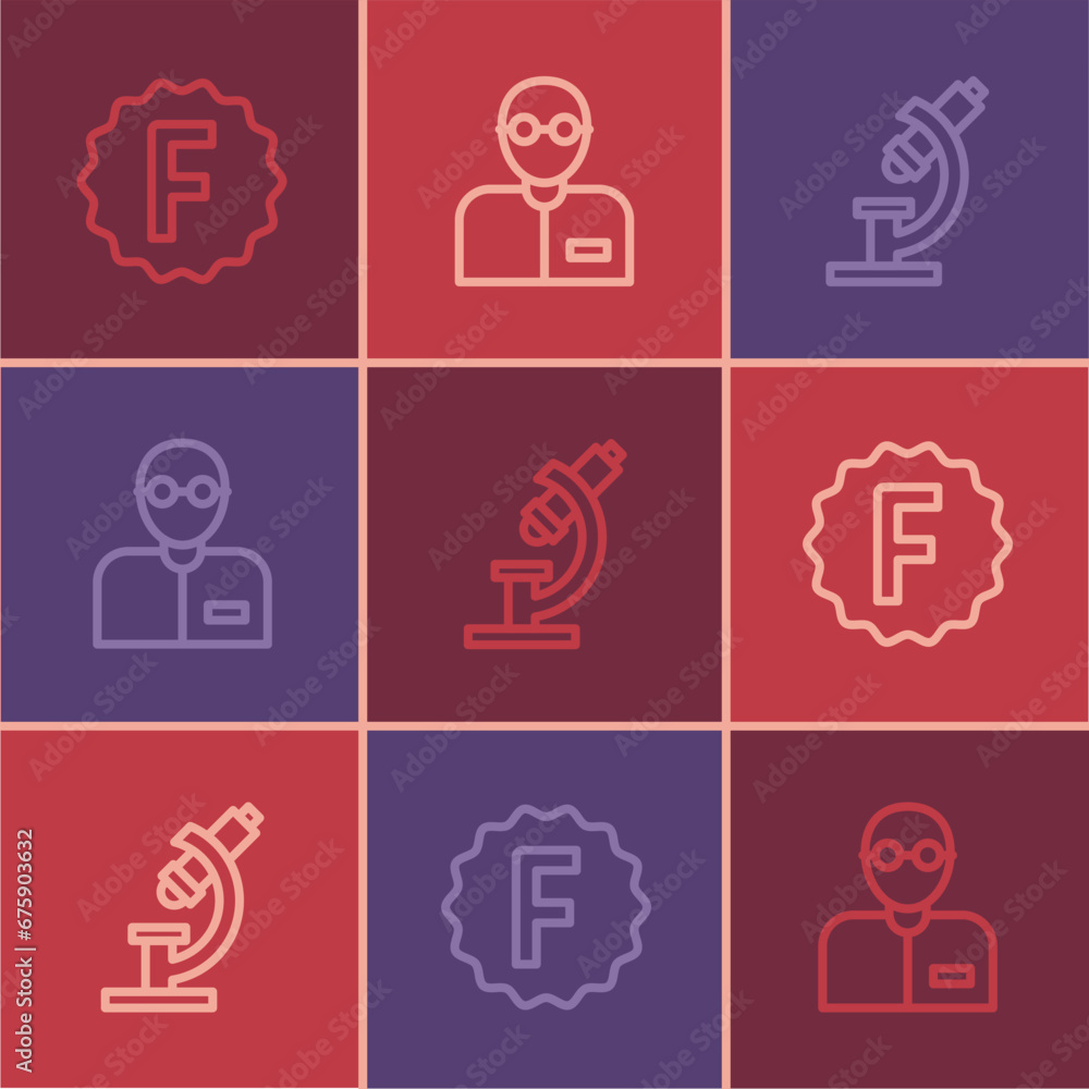 Poster set line exam paper with incorrect answers, microscope and teacher icon. vector